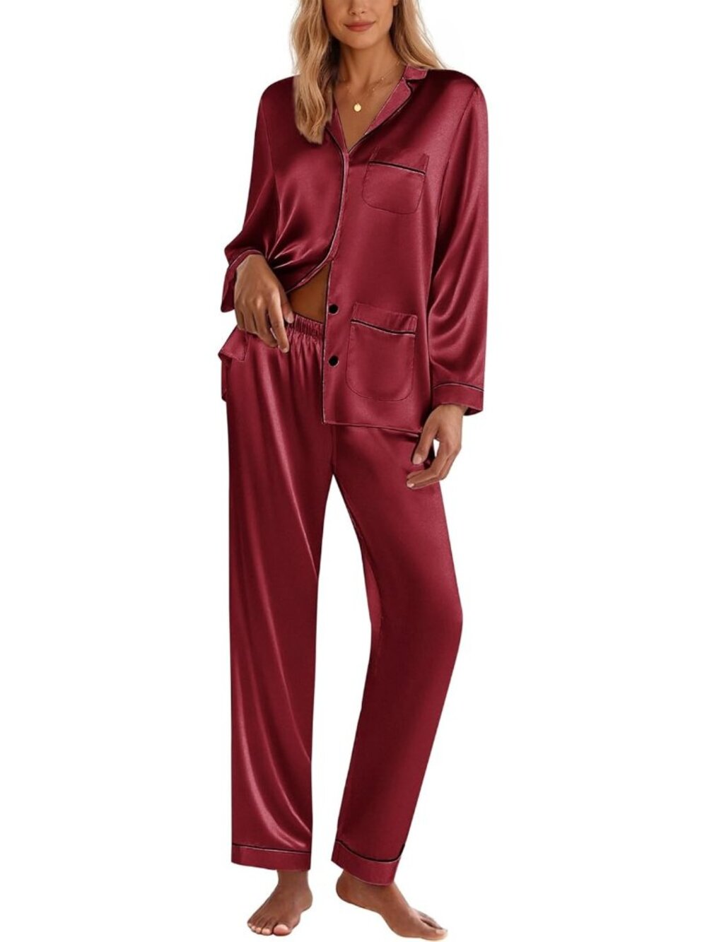 Women's Wine Red Soft Button Down Long Sleeve Sleepwear Pajama Set with Pocket